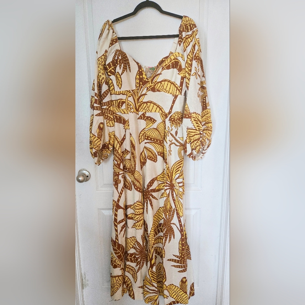 NWT FARM Rio 2025 Brazil Collection Tropical Jumpsuit with Puff Sleeves